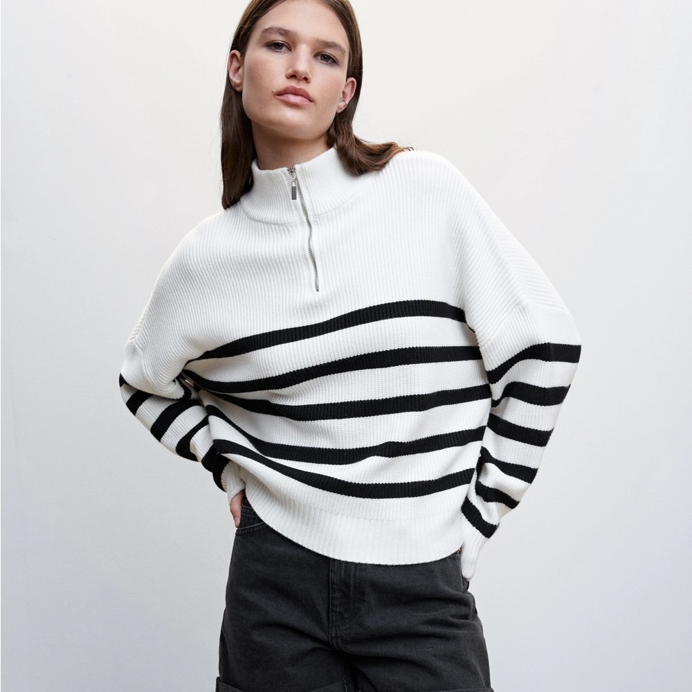 MANGO Quarter Zip Striped Sweater